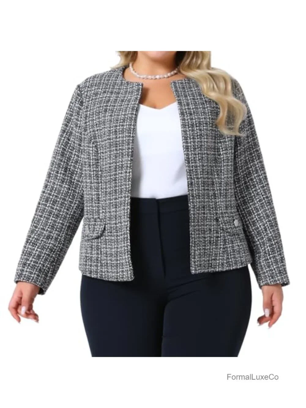 Plus Size Collarless Open Front Tweed Blazer Work Business Jacket